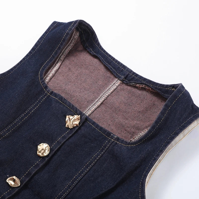 Blue Denim Square Neck Tank and High Waist Jeans Set