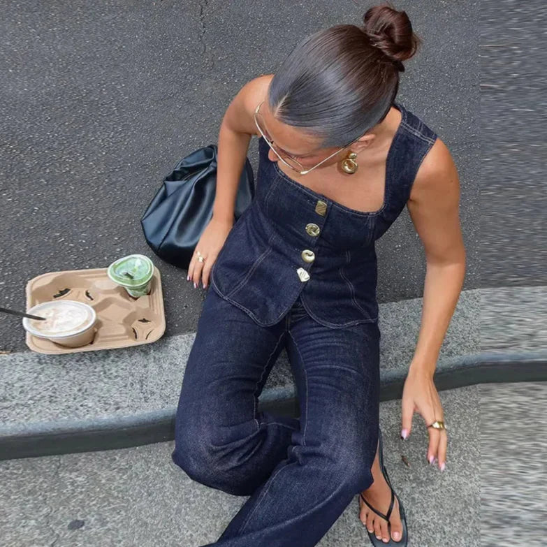 Blue Denim Square Neck Tank and High Waist Jeans Set