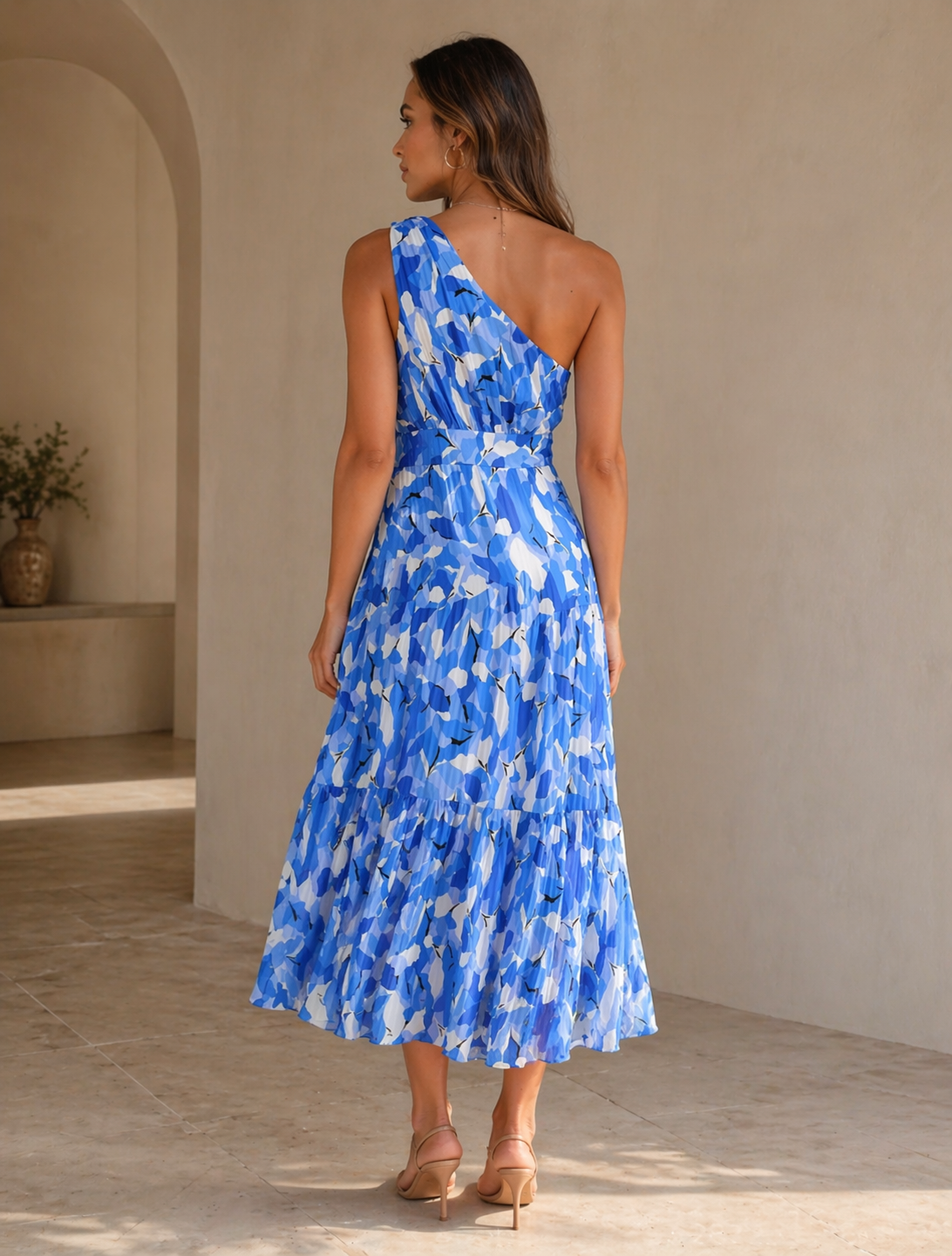 Blue Floral One Shoulder Smocked Maxi Dress