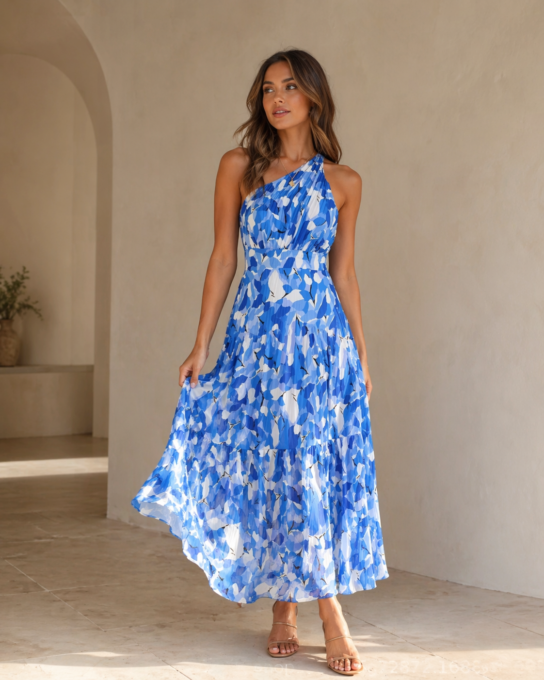 Blue Floral One Shoulder Smocked Maxi Dress