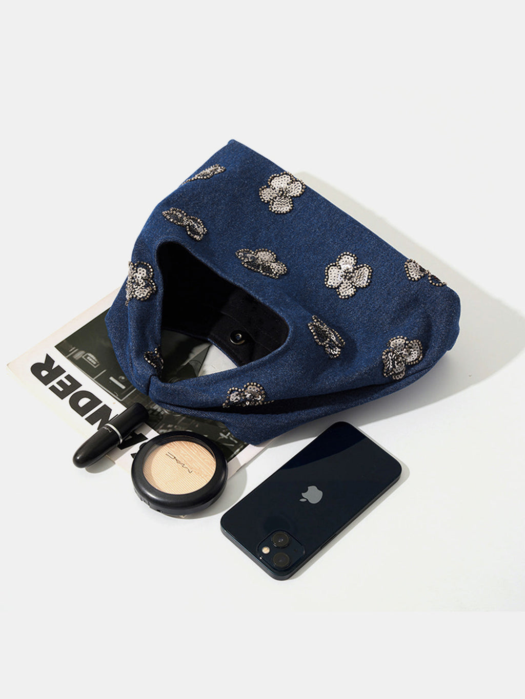 Blue Sequin Floral Tote Bag