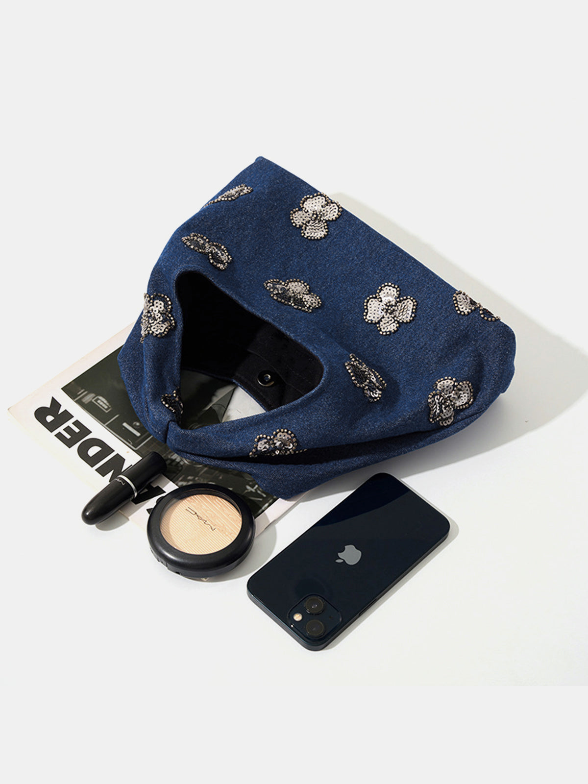 Blue Sequin Floral Tote Bag