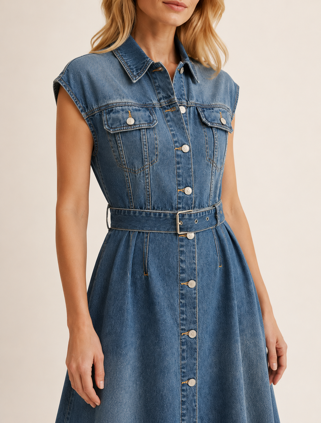 Blue Washed Denim Belted Midi Shirt Dress