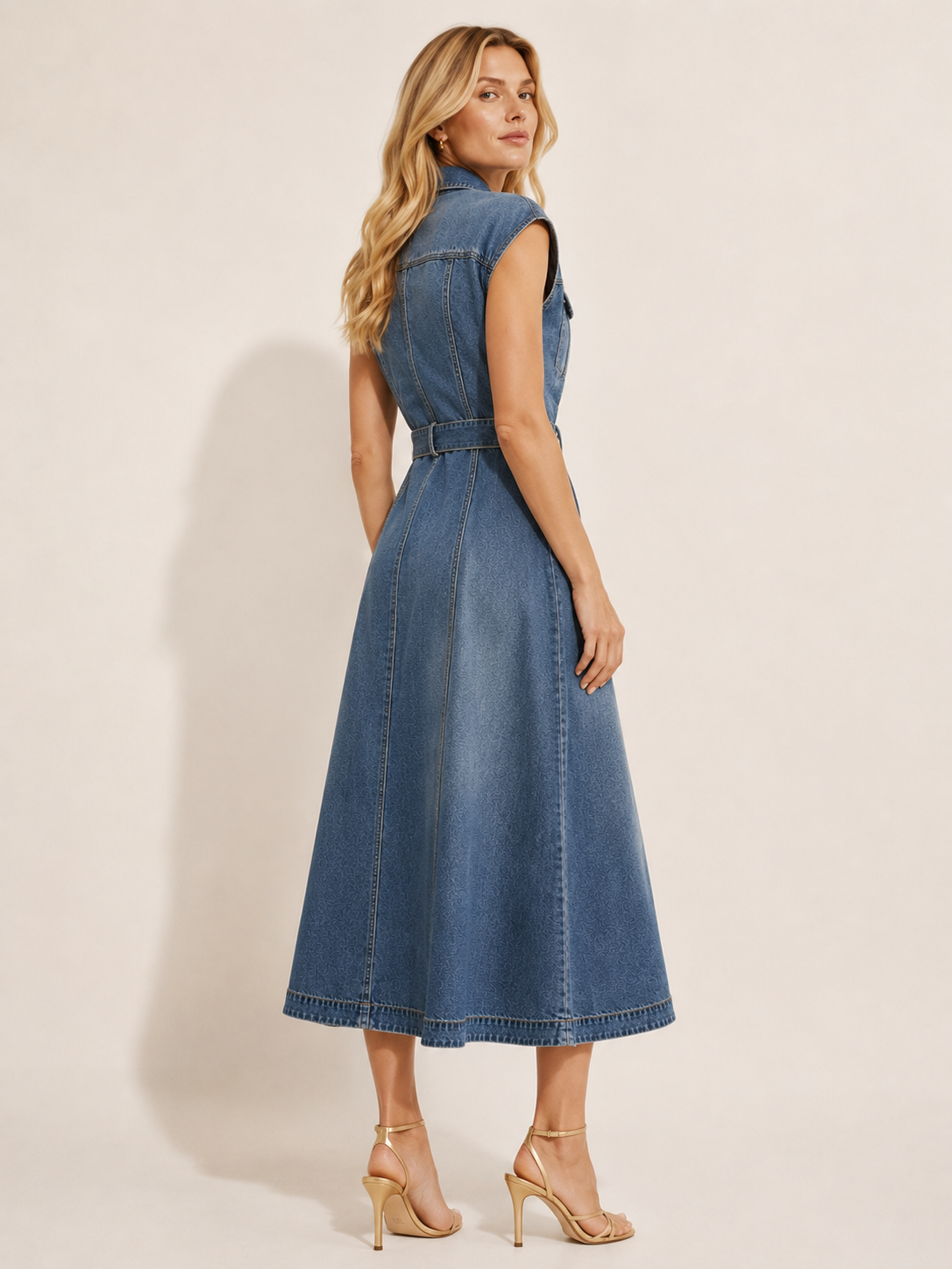 Blue Washed Denim Belted Midi Shirt Dress