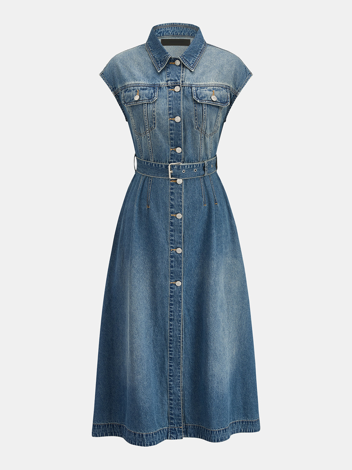 Blue Washed Denim Belted Midi Shirt Dress