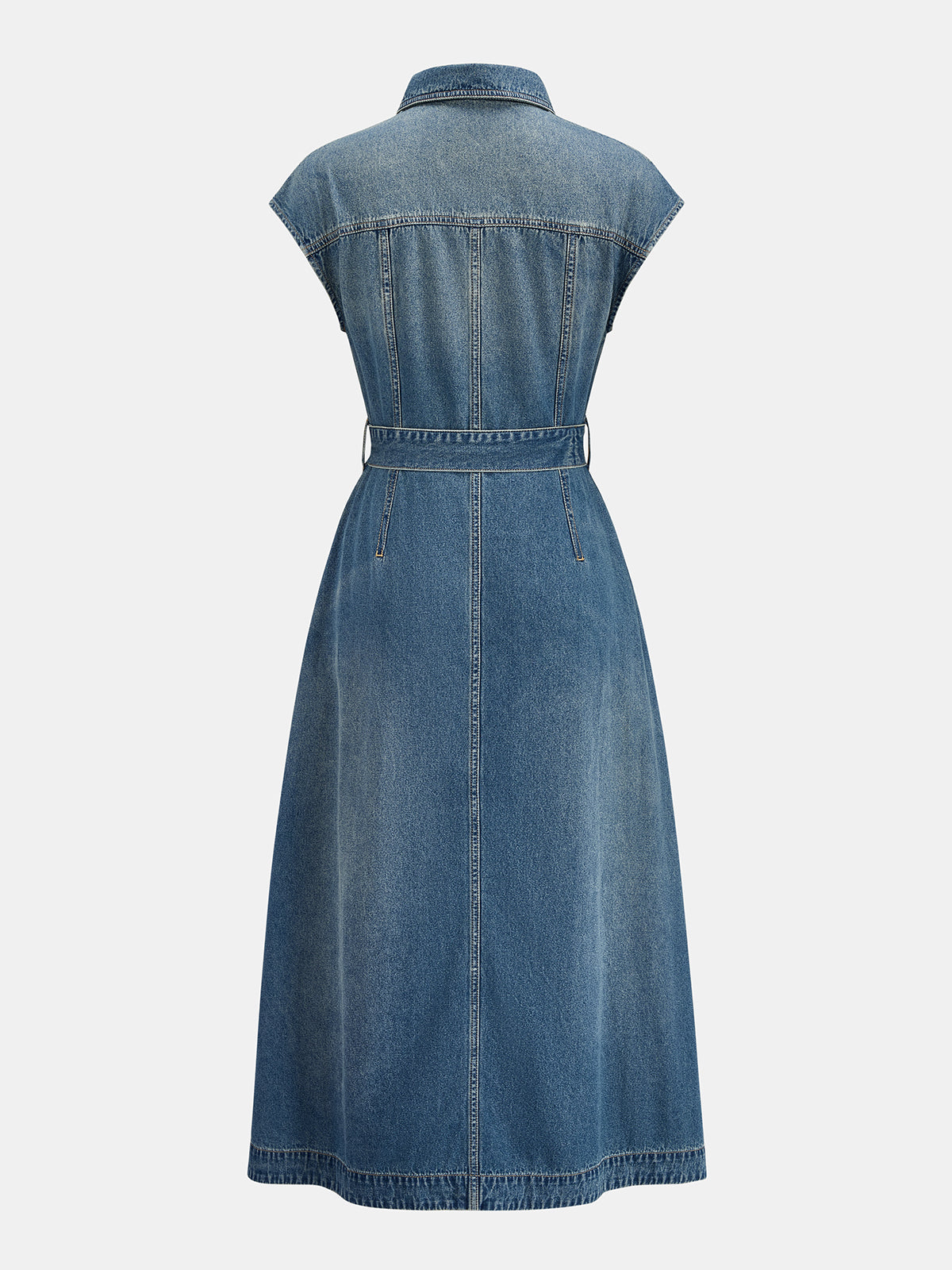 Blue Washed Denim Belted Midi Shirt Dress