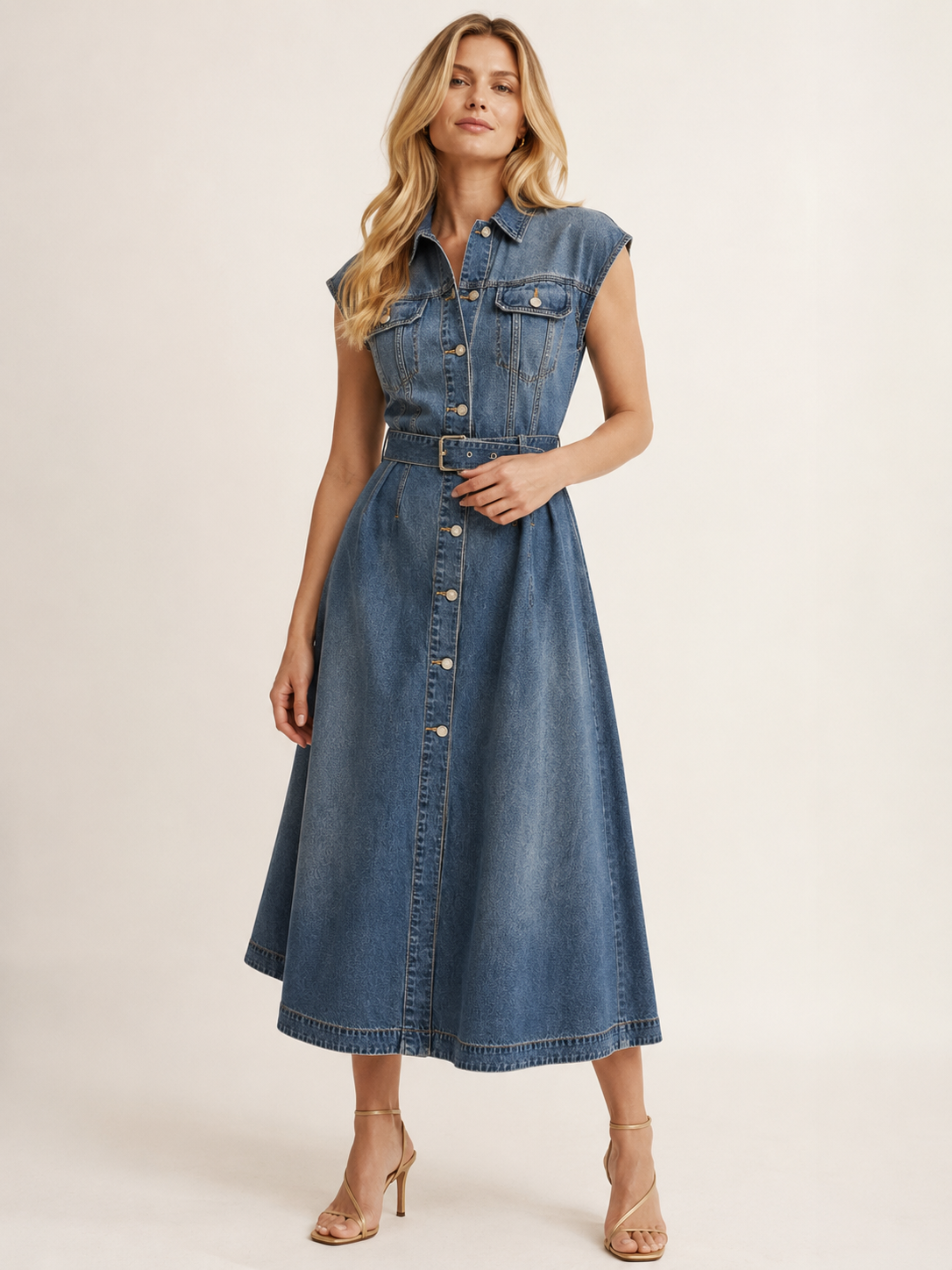 Blue Washed Denim Belted Midi Shirt Dress