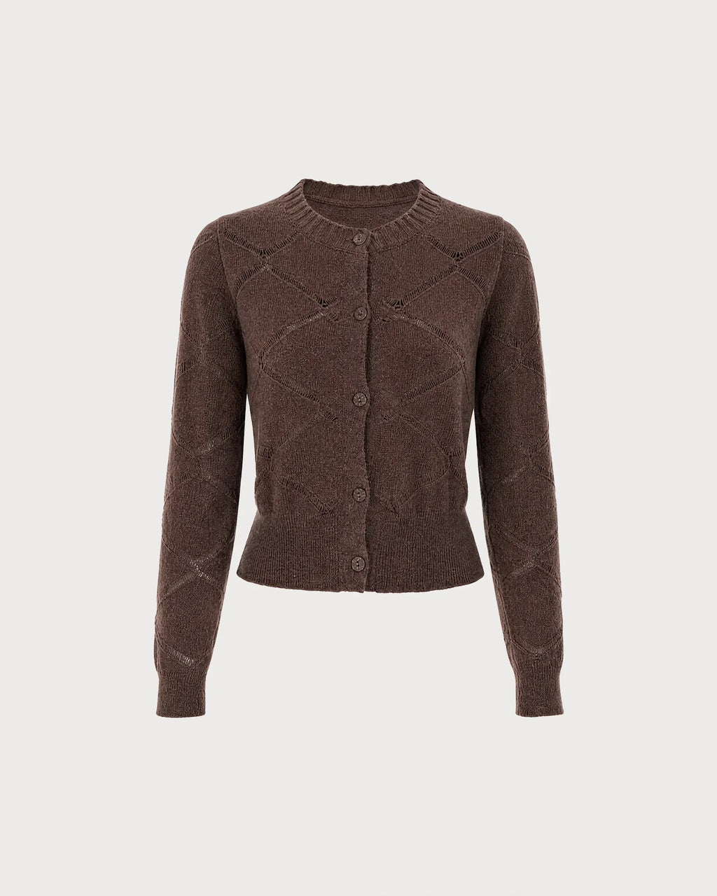 Brown Cropped Textured Knit Cardigan with Cut-Out Detail