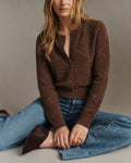 Brown Cropped Textured Knit Cardigan with Cut-Out Detail