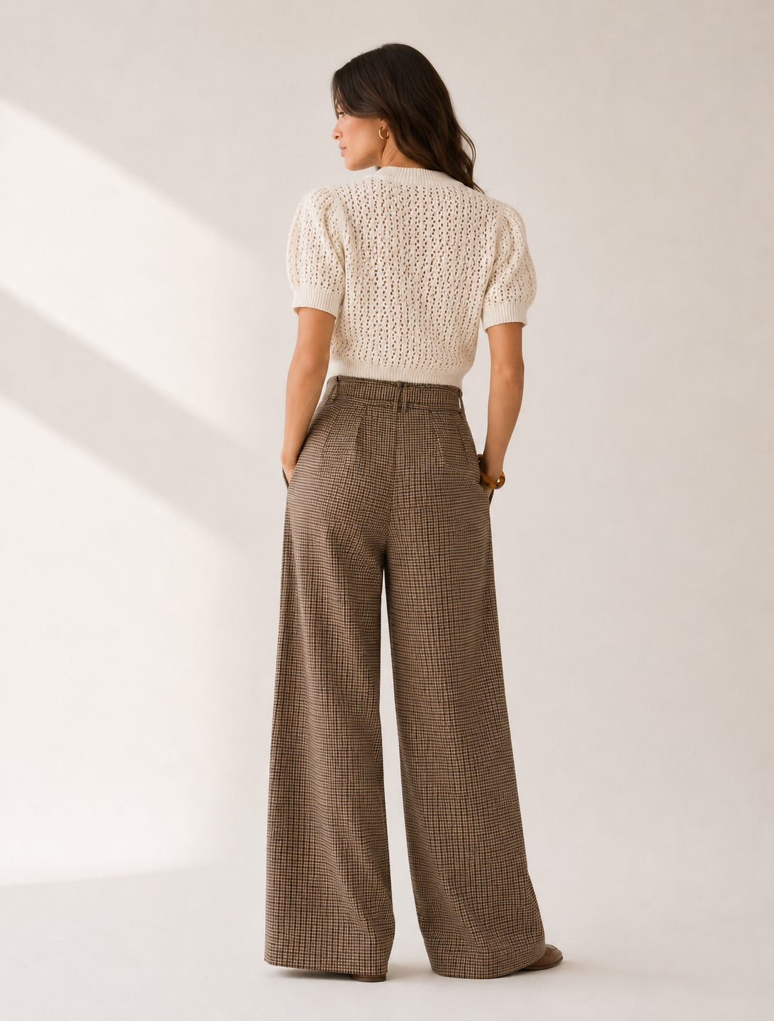 Brown Plaid High Waist Wide Leg Pants with Belt