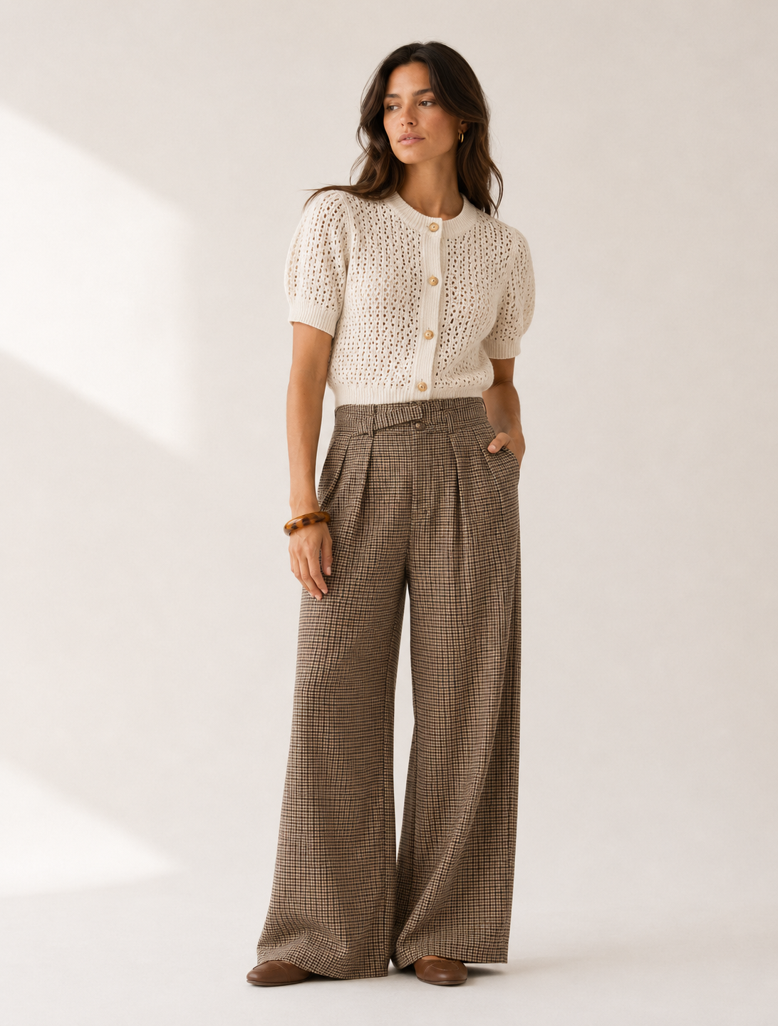 Brown Plaid High Waist Wide Leg Pants with Belt
