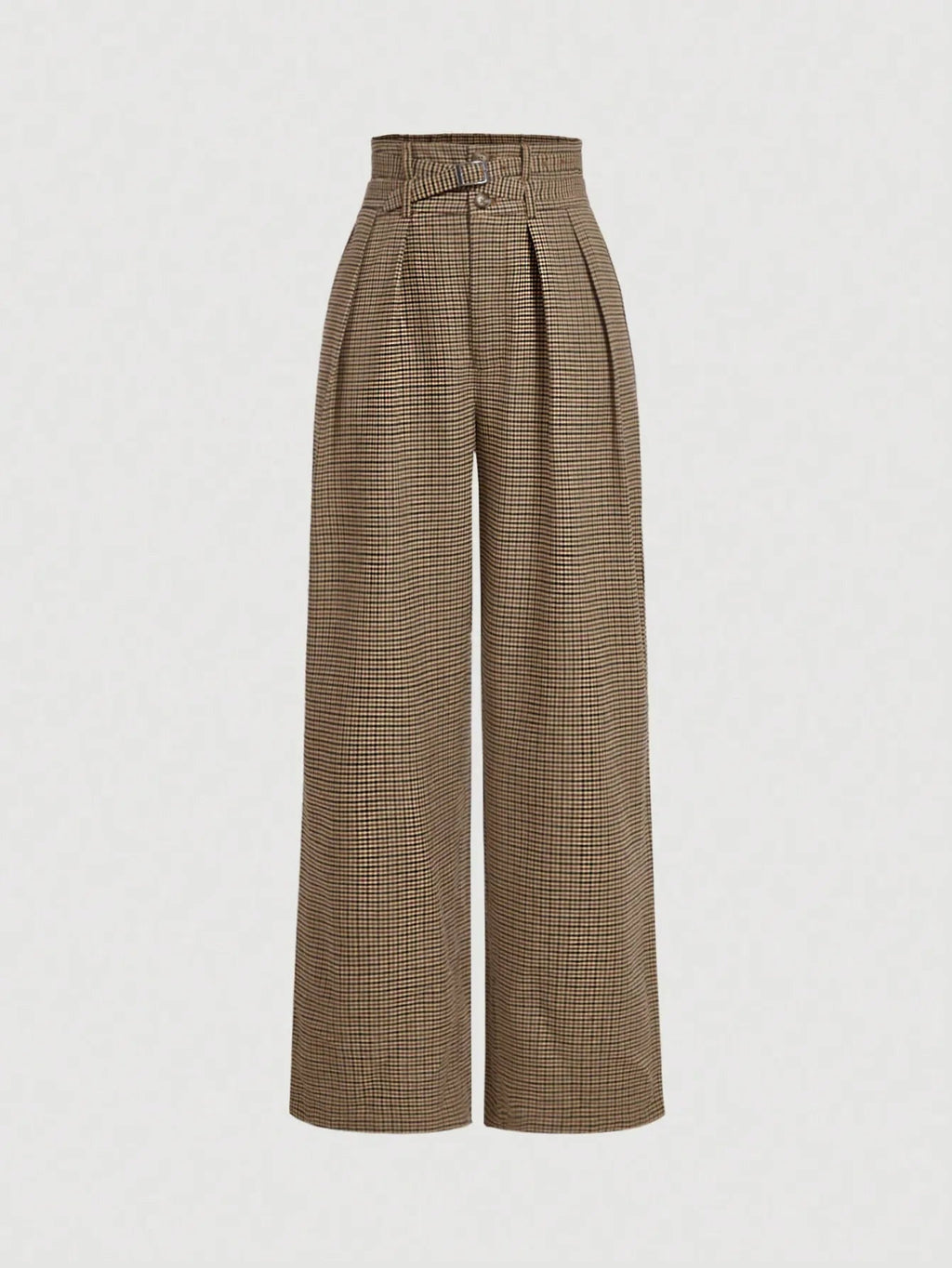 Brown Plaid High Waist Wide Leg Pants with Belt