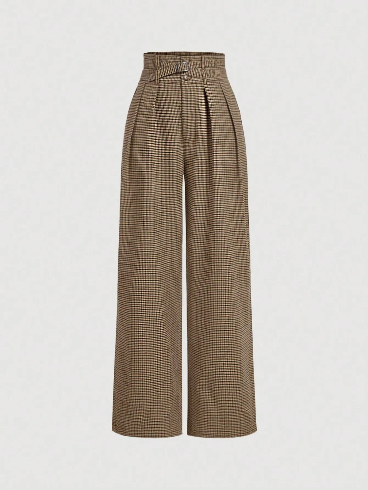 Brown Plaid High Waist Wide Leg Pants with Belt