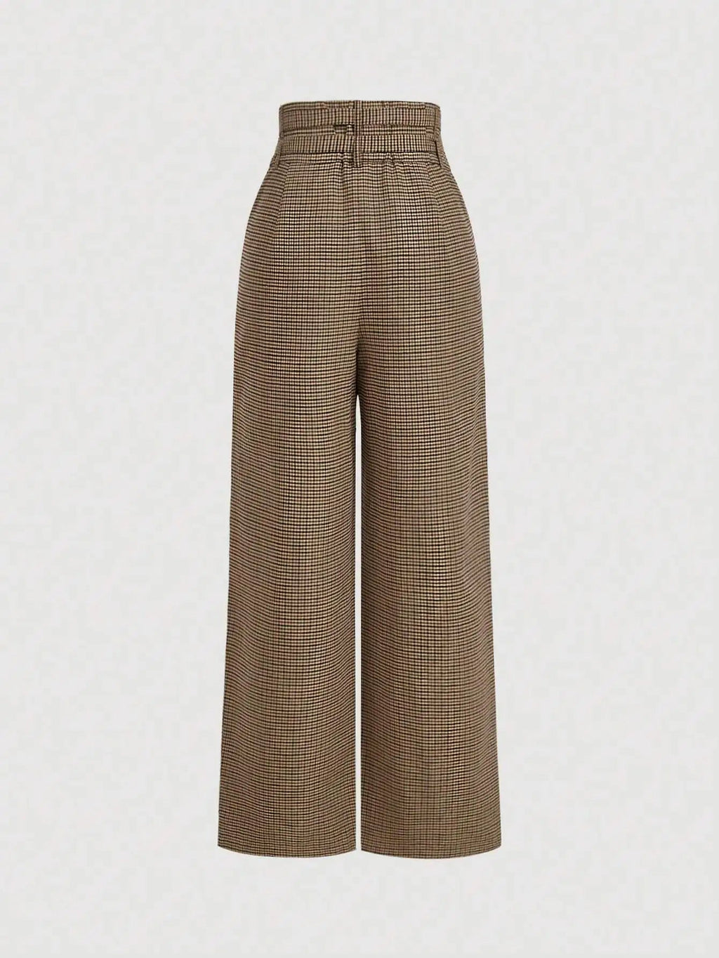 Brown Plaid High Waist Wide Leg Pants with Belt