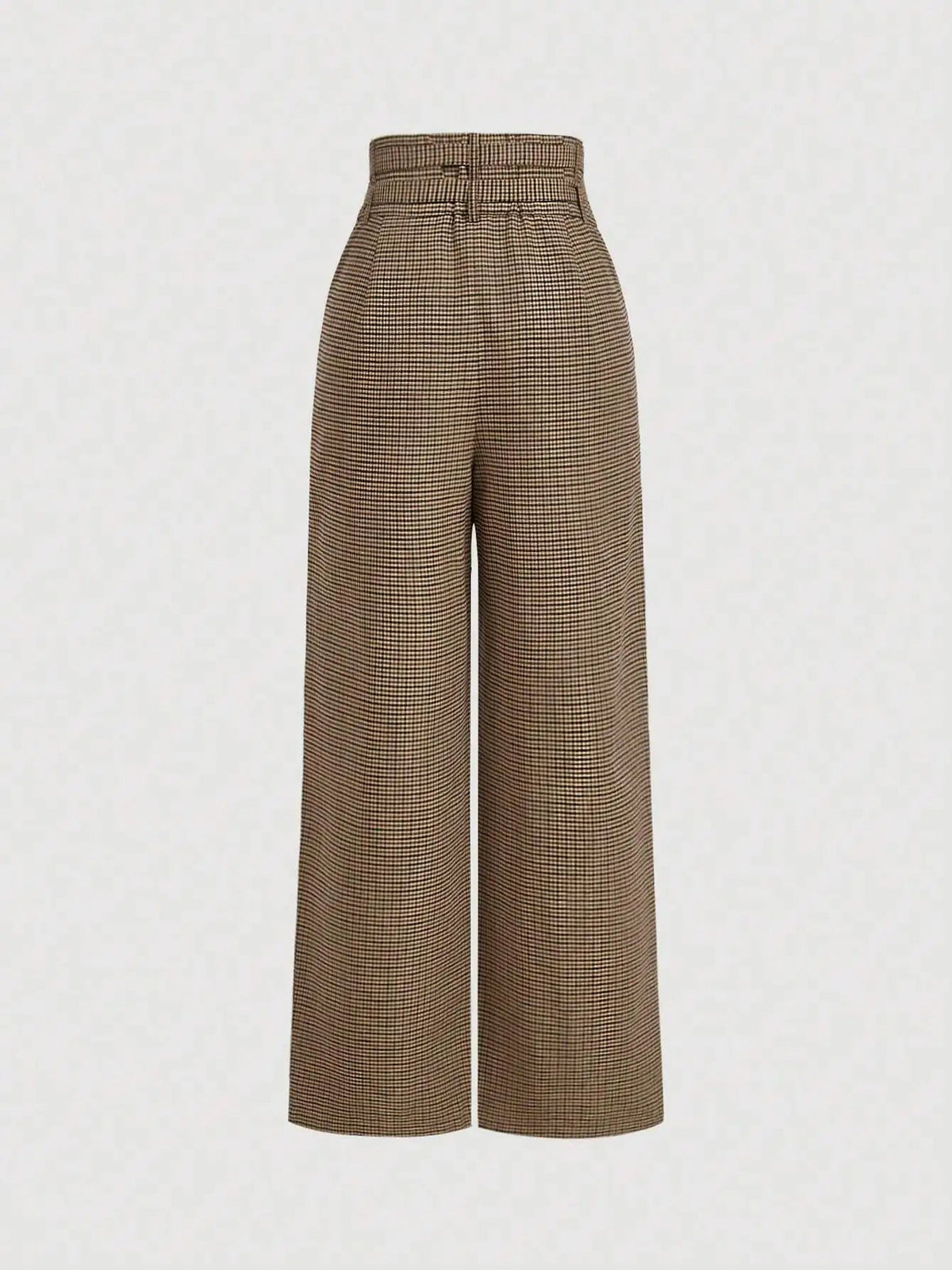 Brown Plaid High Waist Wide Leg Pants with Belt