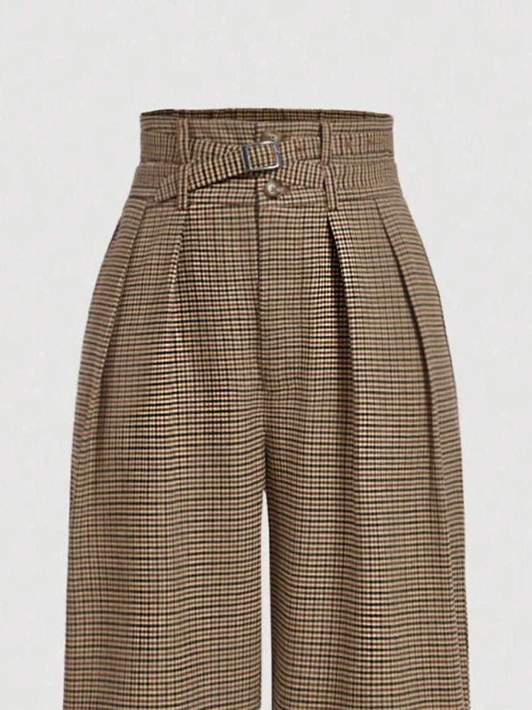 Brown Plaid High Waist Wide Leg Pants with Belt