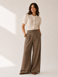 Brown Plaid High Waist Wide Leg Pants with Belt