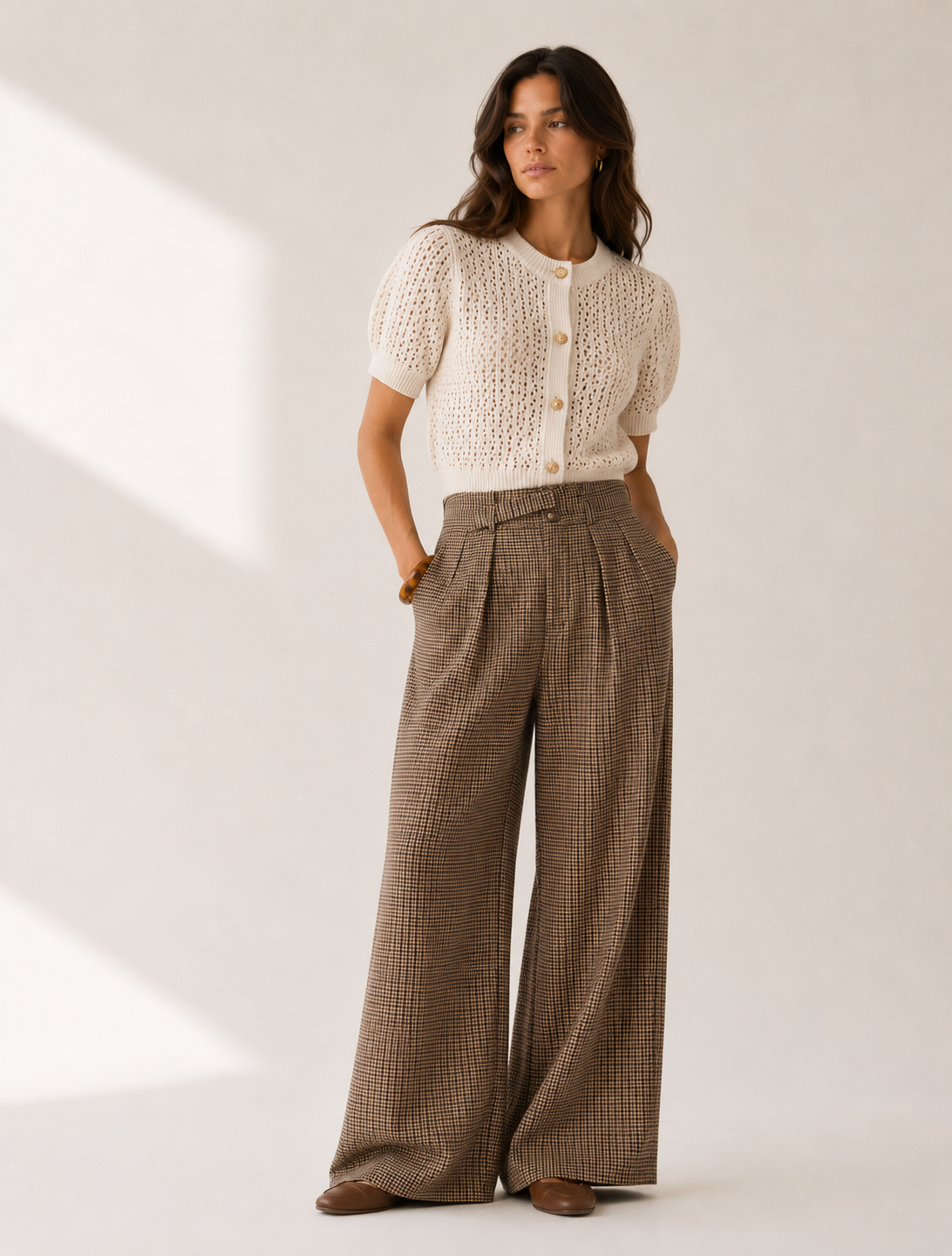 Brown Plaid High Waist Wide Leg Pants with Belt