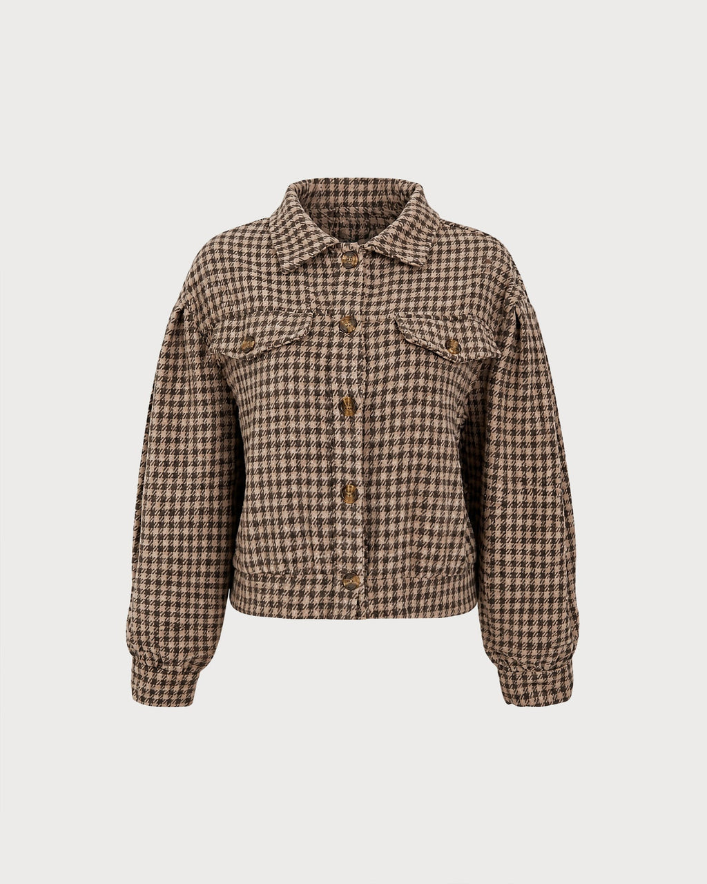 Brown Plaid Hip Length Jacket with Chest Pockets