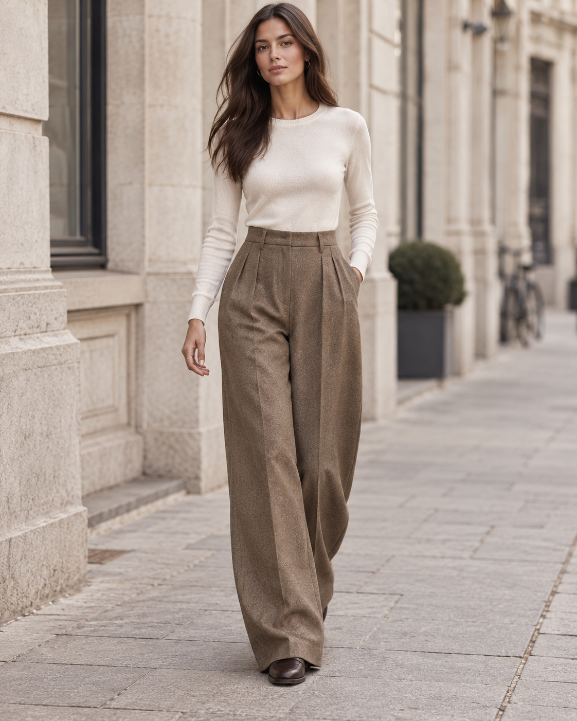 Brown Pleated Wide Leg Tweed Trousers