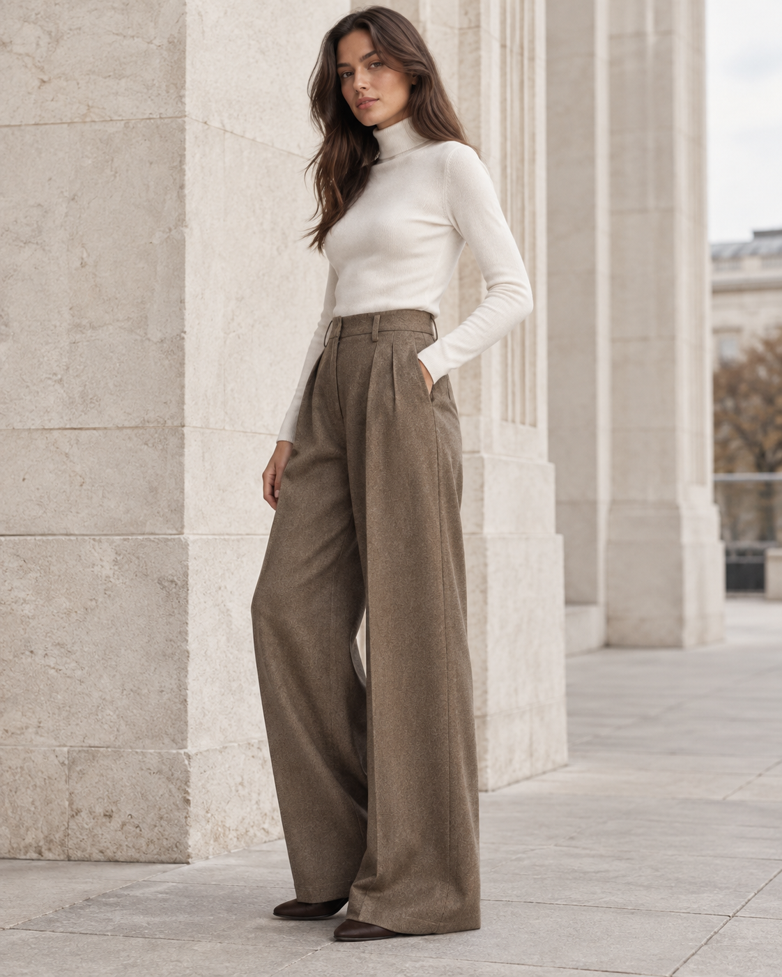 Brown Pleated Wide Leg Tweed Trousers