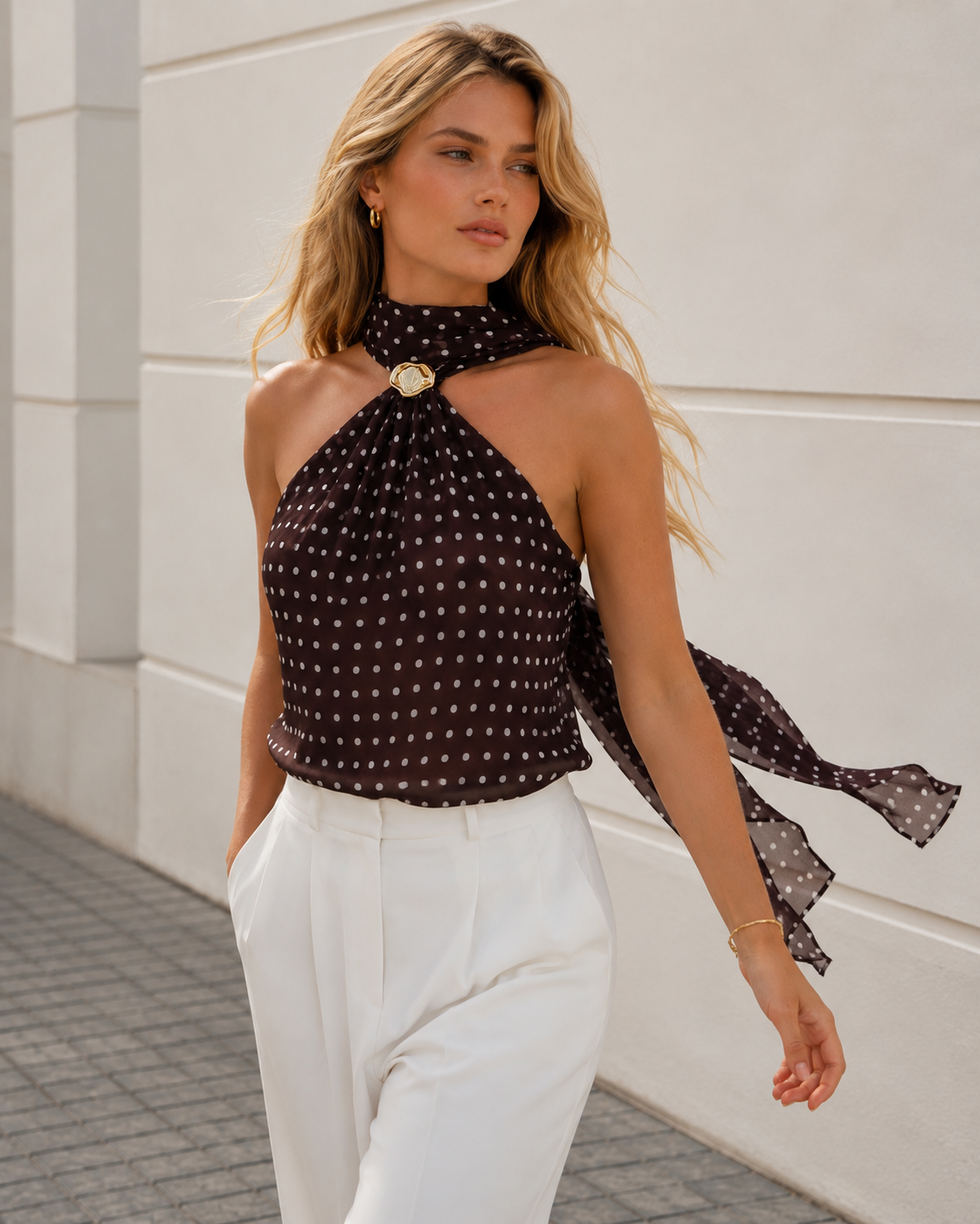 Brown Polka Dot Halter Top with Open Back