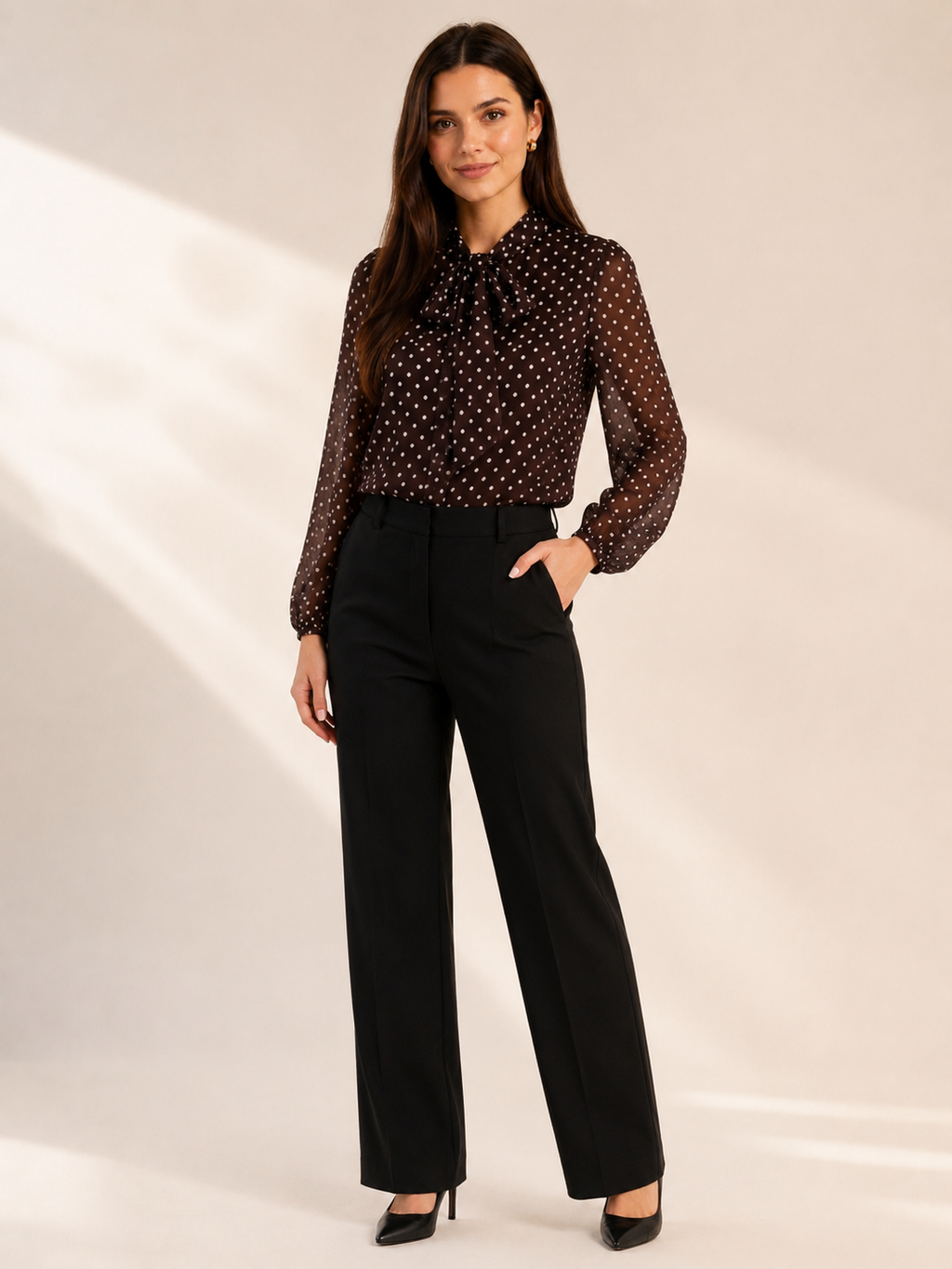 Brown Polka Dot Long Sleeve Tie Neck Blouse