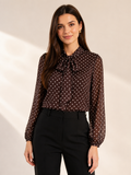 Brown Polka Dot Long Sleeve Tie Neck Blouse
