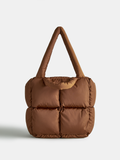 Brown Puffer Tote Bag with Zipper