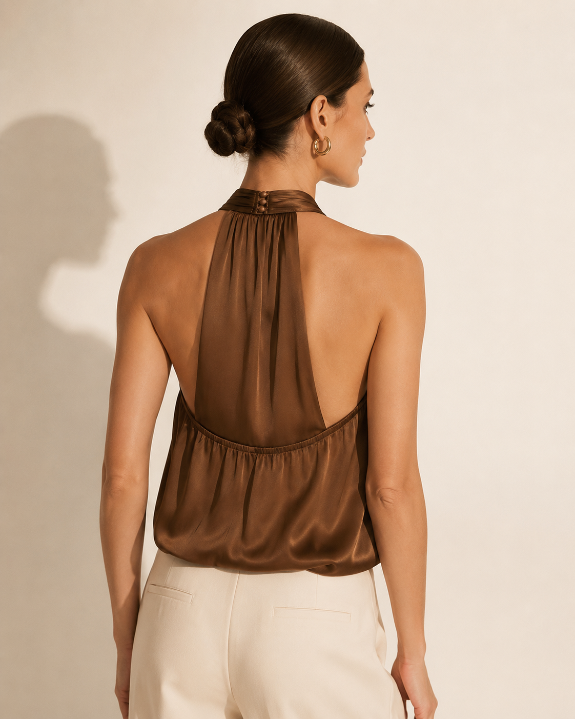 Brown Satin Draped Halter Crop Top with Mock Neck