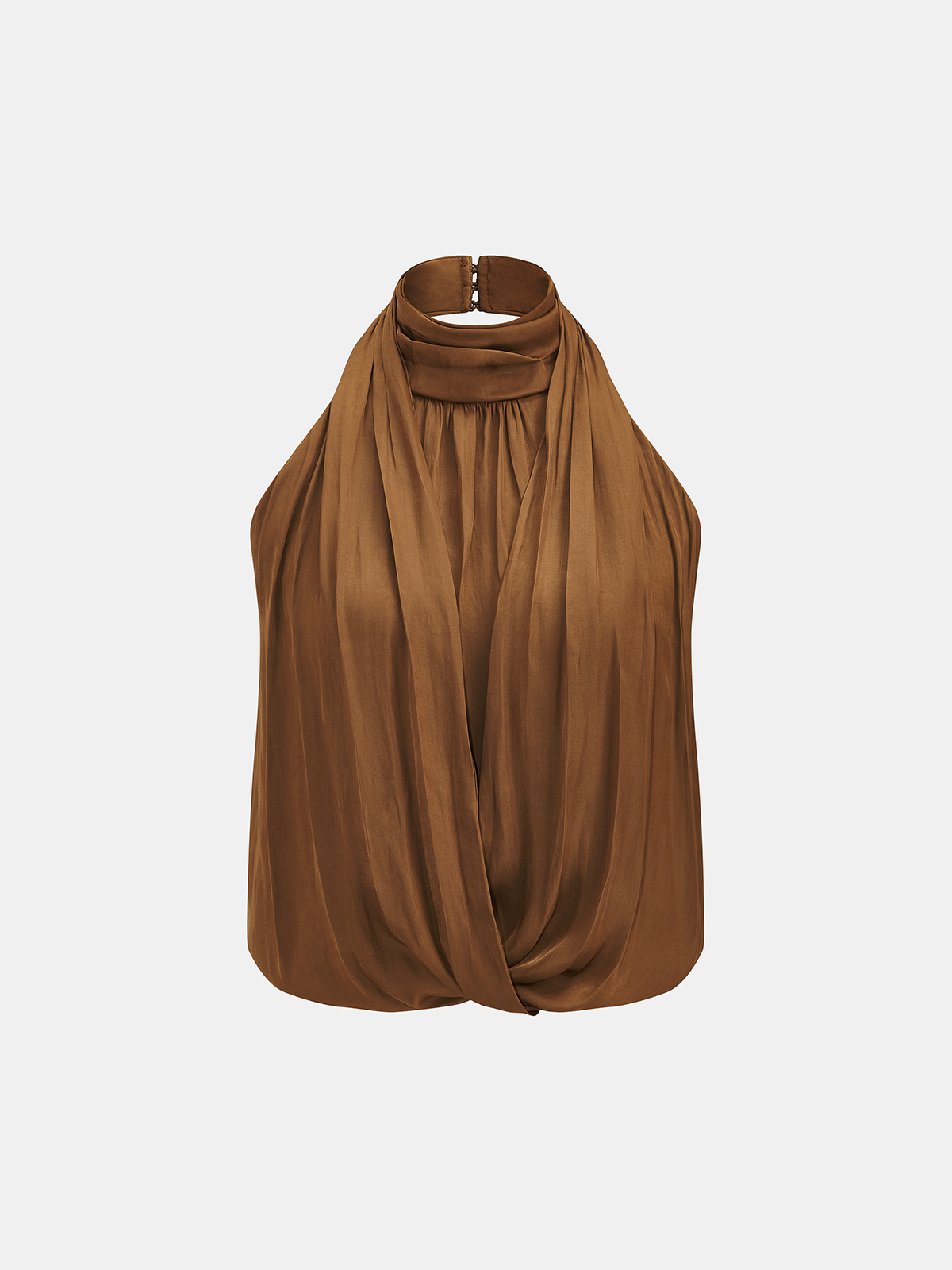 Brown Satin Draped Halter Crop Top with Mock Neck