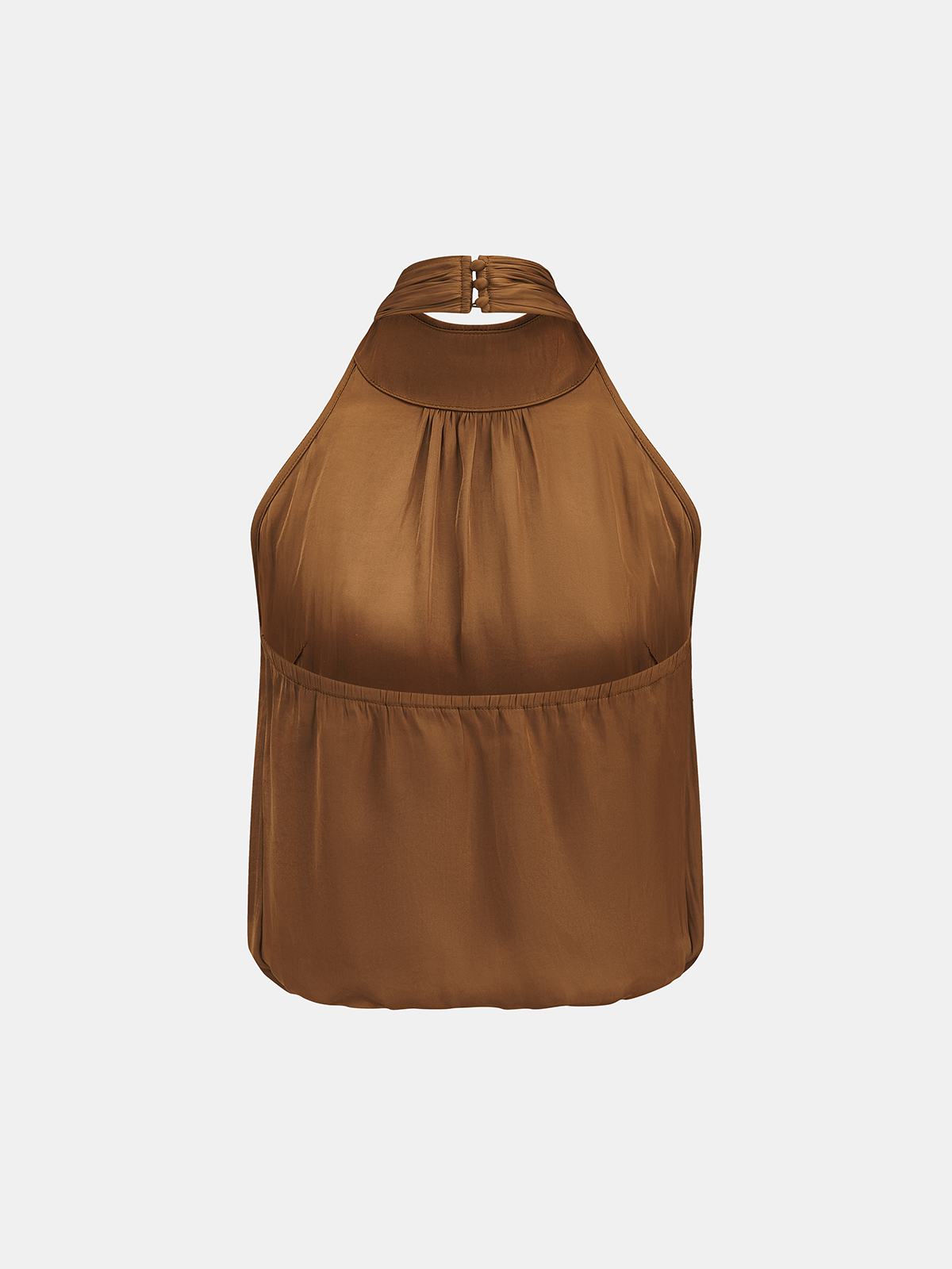 Brown Satin Draped Halter Crop Top with Mock Neck