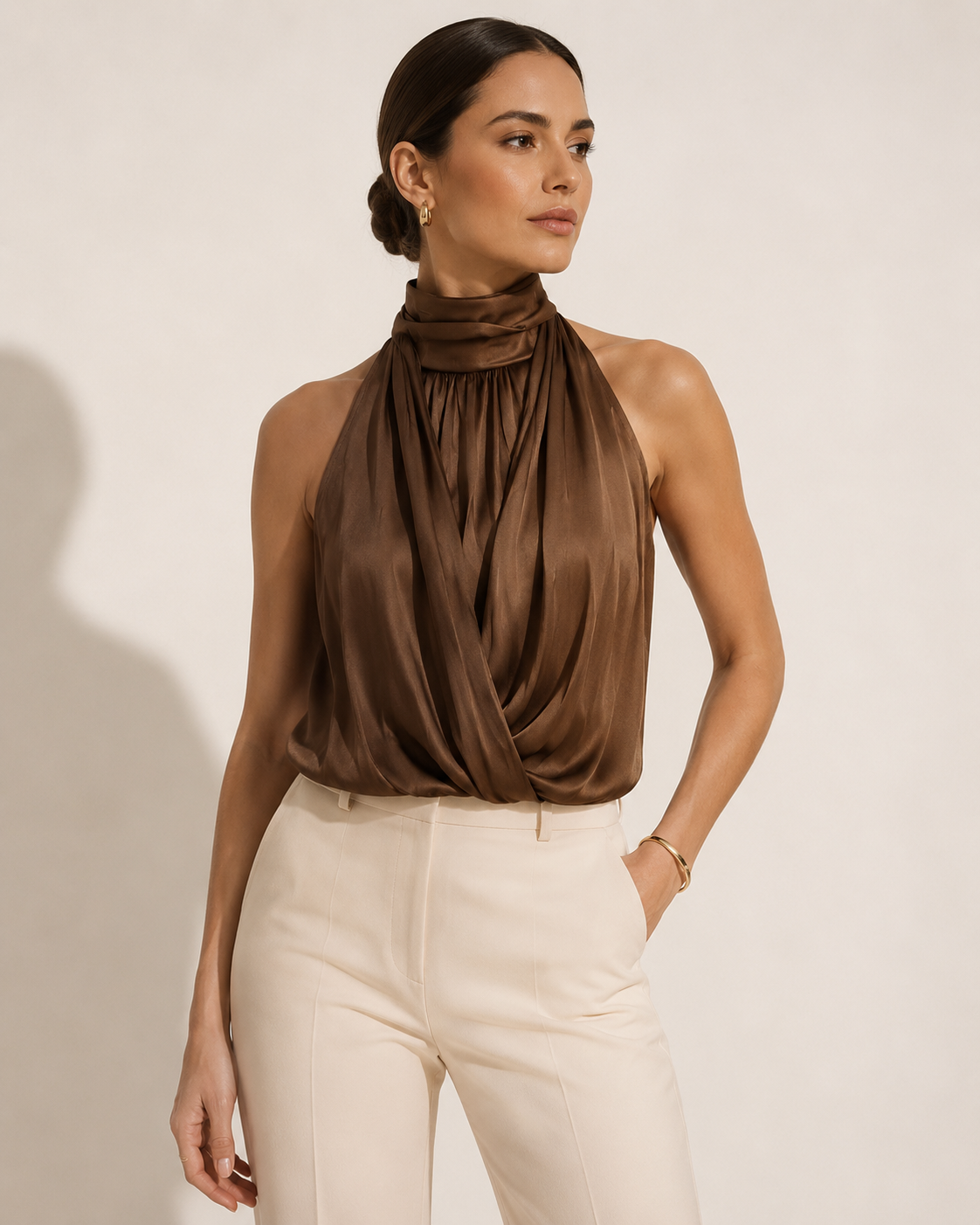 Brown Satin Draped Halter Crop Top with Mock Neck
