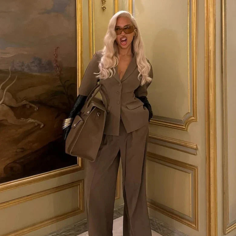 Brown Shoulder Pad Blazer and Wide Leg Pants Set
