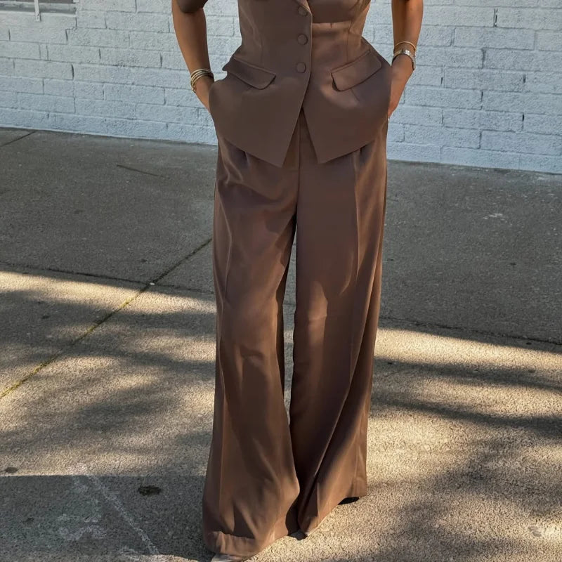 Brown Shoulder Pad Blazer and Wide Leg Pants Set