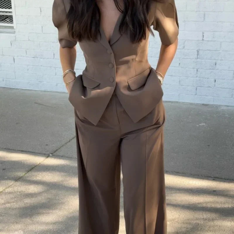 Brown Shoulder Pad Blazer and Wide Leg Pants Set