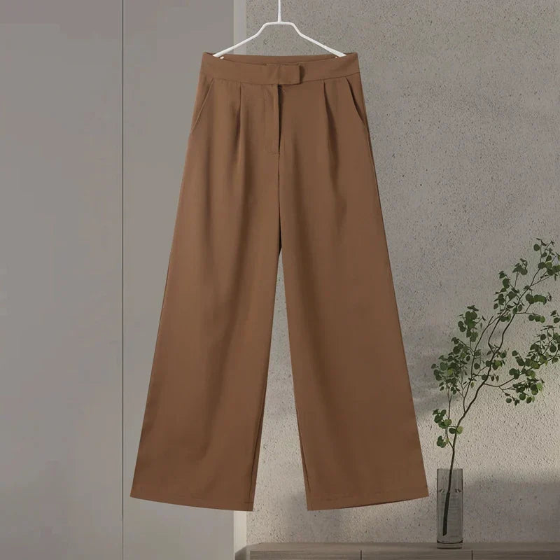 Brown Shoulder Pad Blazer and Wide Leg Pants Set