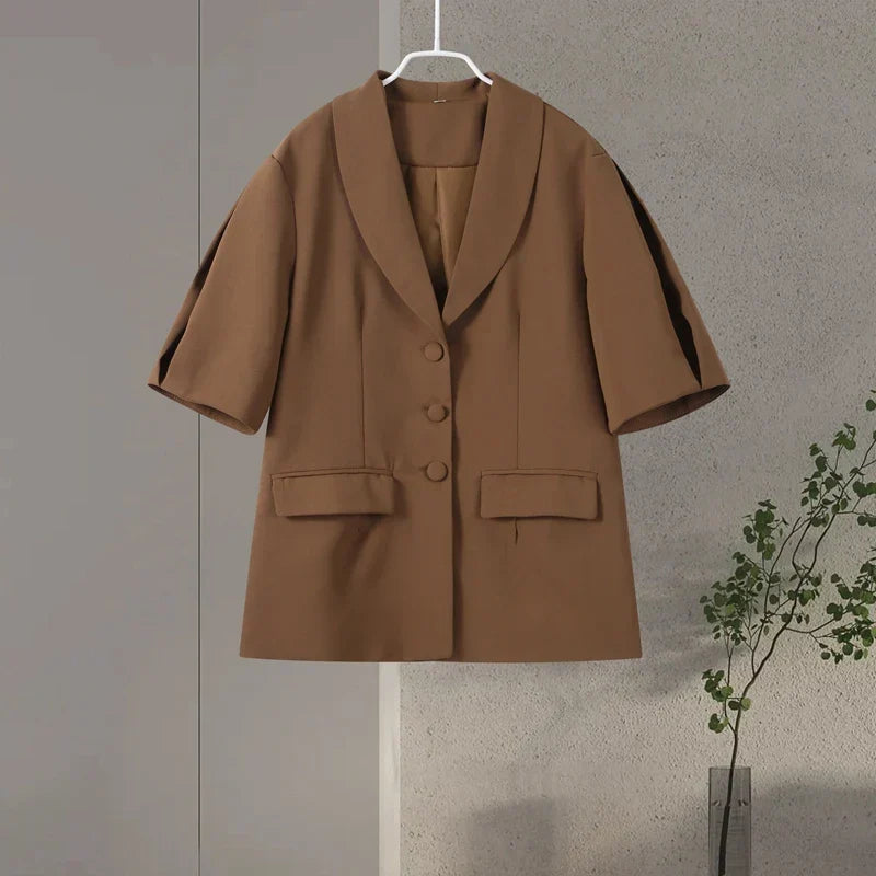 Brown Shoulder Pad Blazer and Wide Leg Pants Set