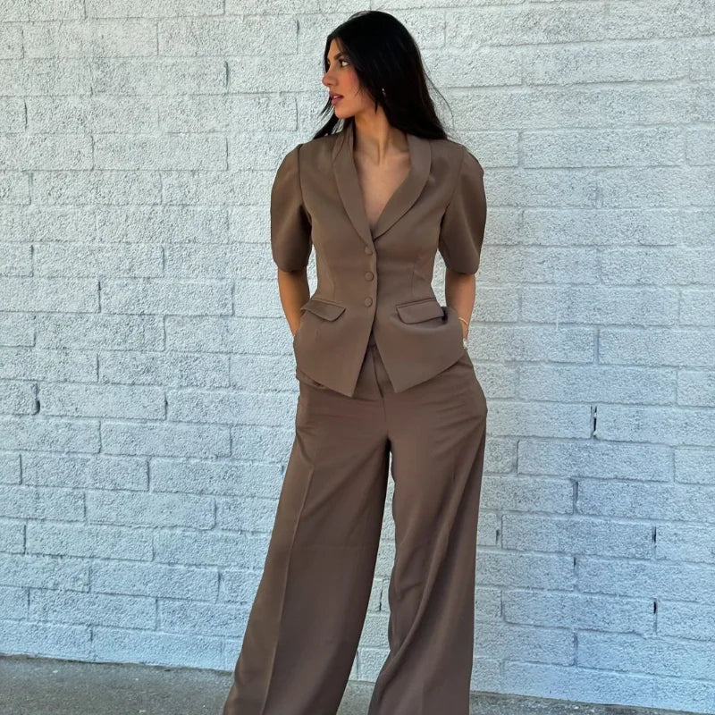 Brown Shoulder Pad Blazer and Wide Leg Pants Set