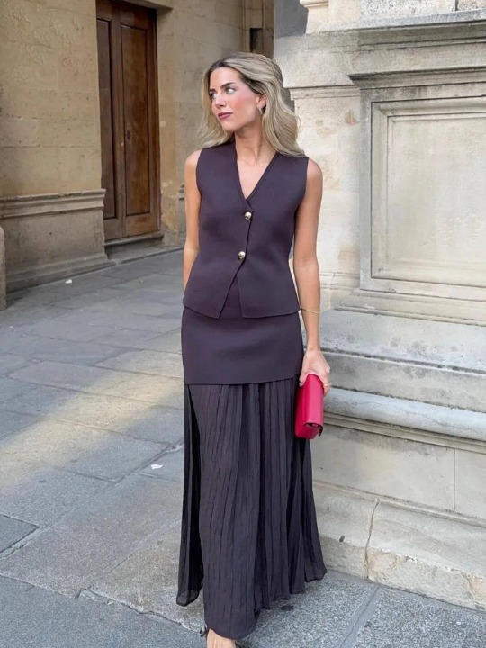 Brown V-Neck Vest and Pleated Maxi Skirt Set