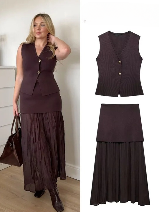 Brown V-Neck Vest and Pleated Maxi Skirt Set