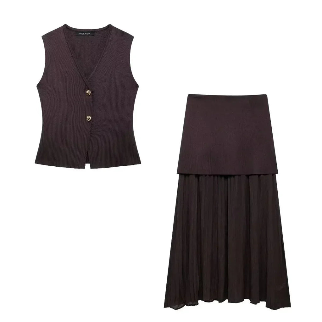 Brown V-Neck Vest and Pleated Maxi Skirt Set