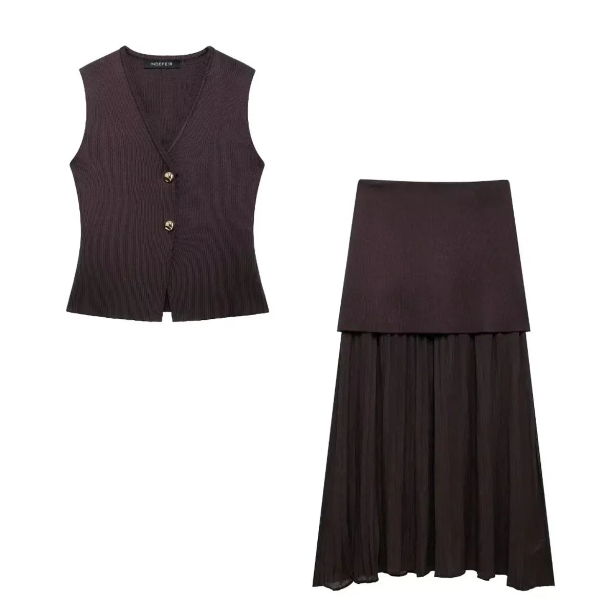 Brown V-Neck Vest and Pleated Maxi Skirt Set