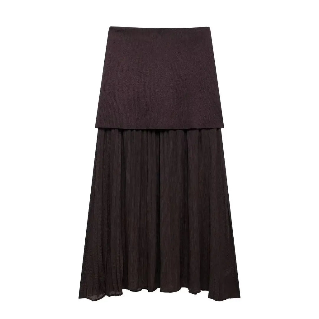 Brown V-Neck Vest and Pleated Maxi Skirt Set