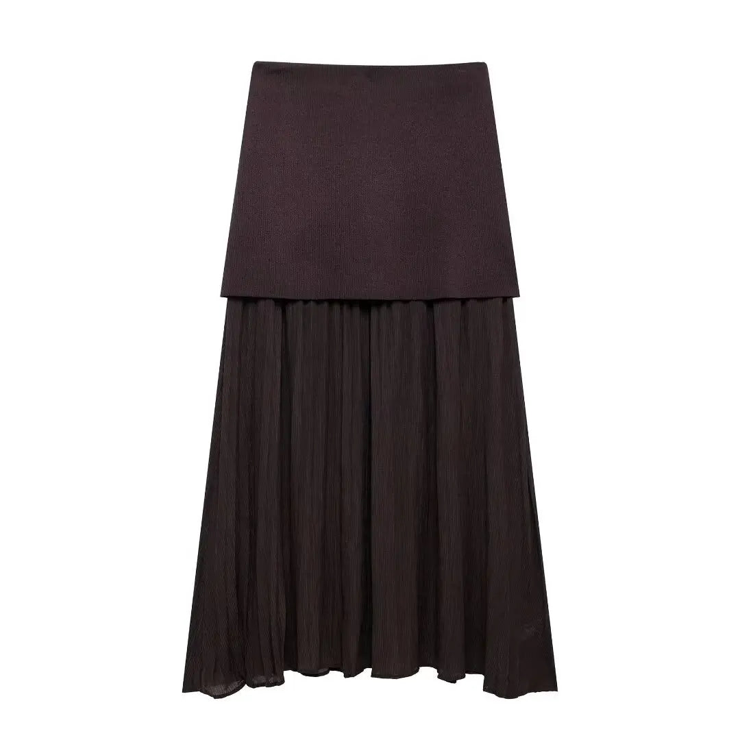 Brown V-Neck Vest and Pleated Maxi Skirt Set