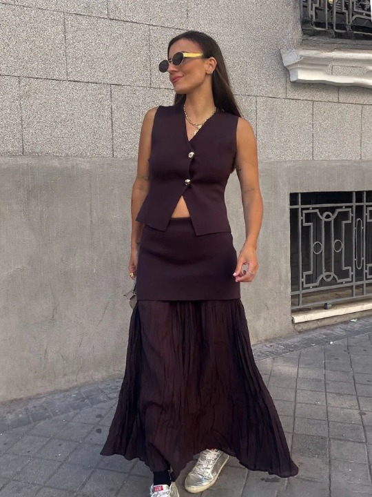 Brown V-Neck Vest and Pleated Maxi Skirt Set