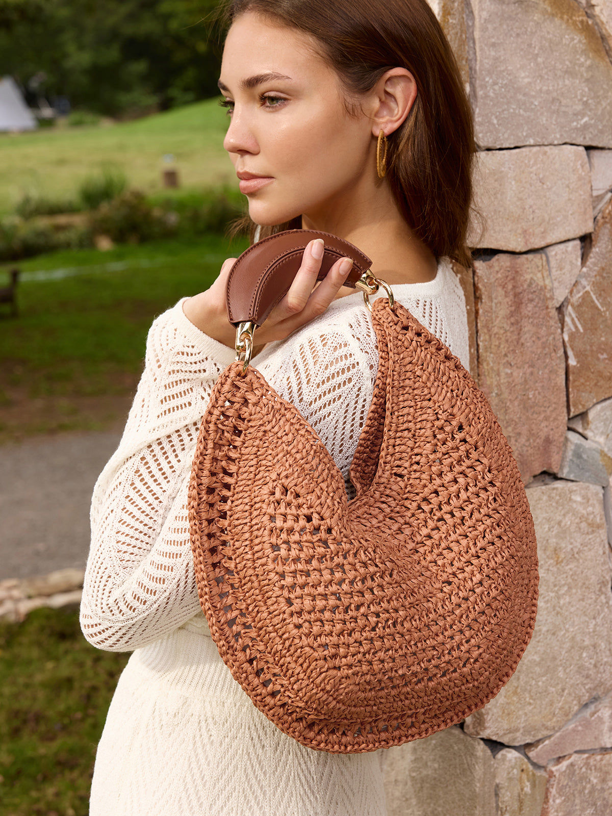 Brown Woven Straw Hobo Shoulder Bag
