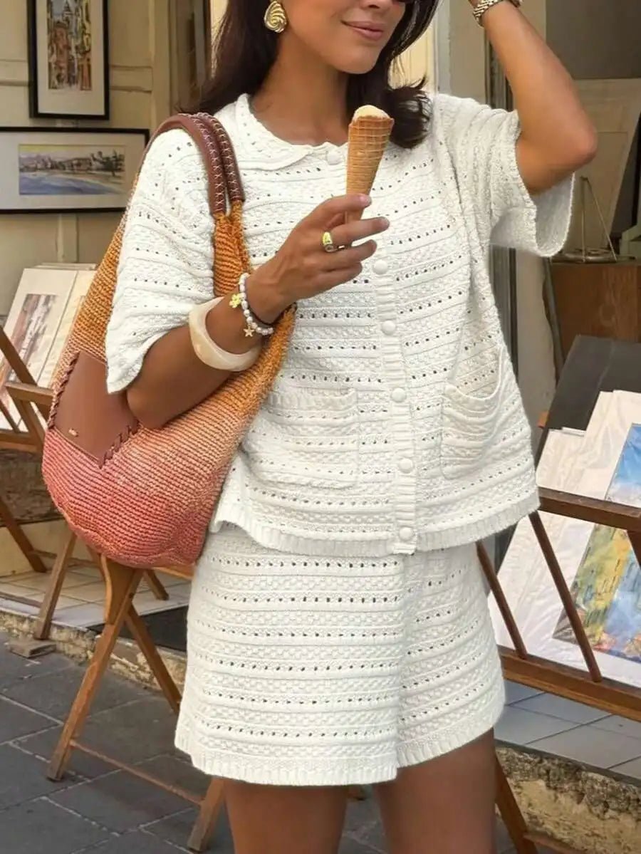 Button Front Knit Cardigan and Shorts Set