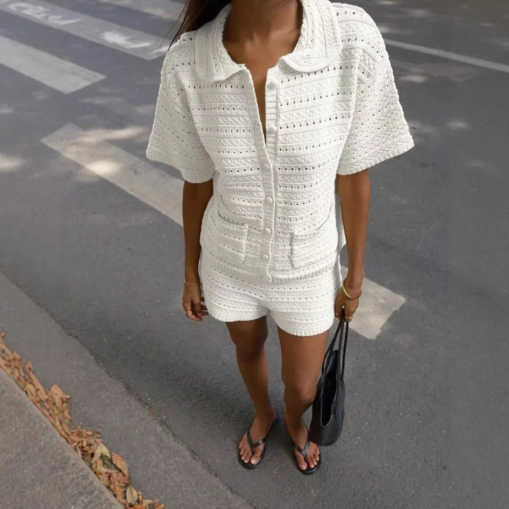 Button Front Knit Cardigan and Shorts Set