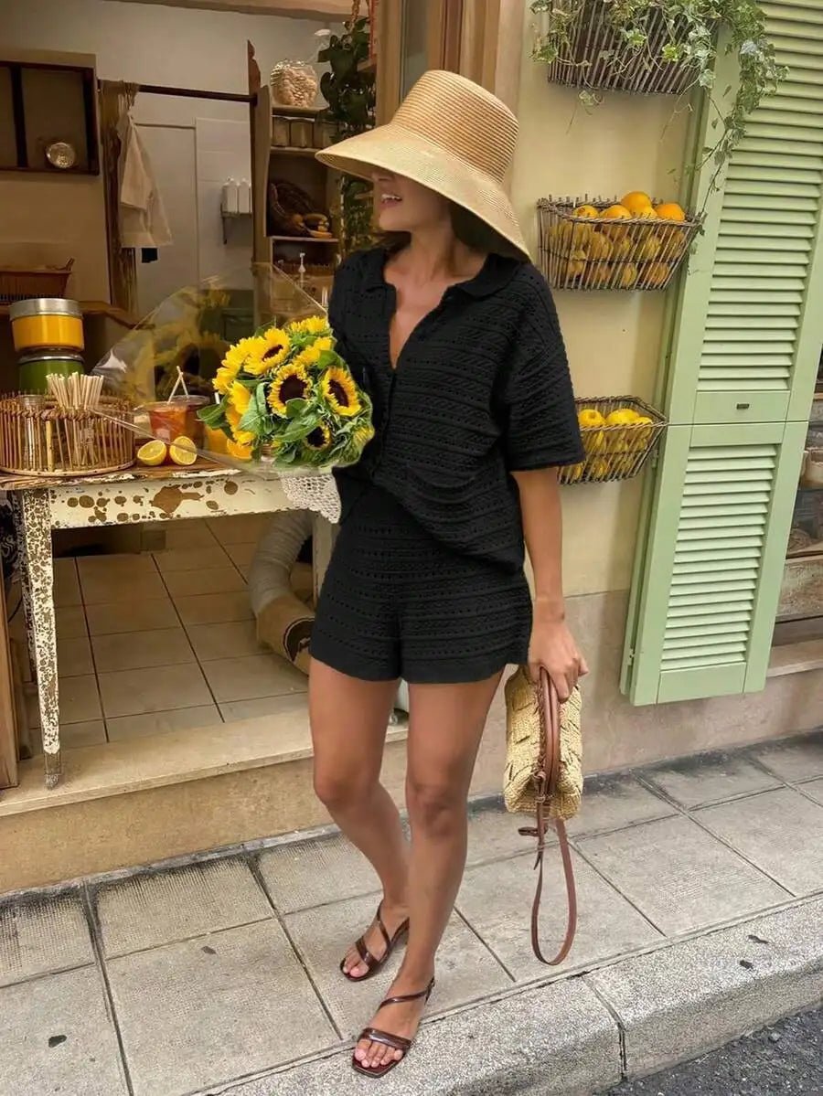 Button Front Knit Cardigan and Shorts Set